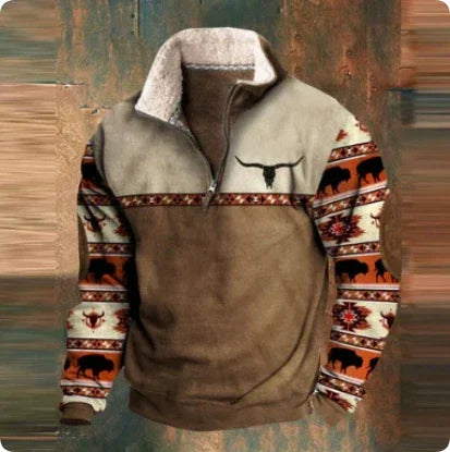 Brown and beige sherpa pullover with longhorn and buffalo patterns on sleeves and chest