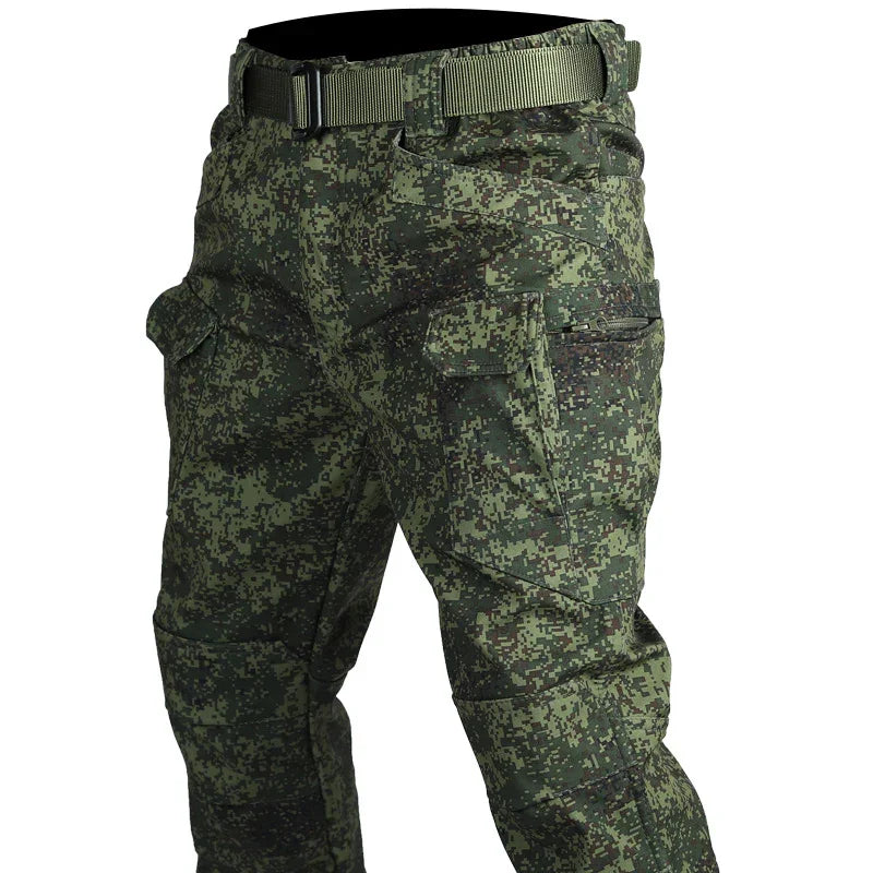 Digital camouflage tactical cargo pants with multiple pockets and an olive green belt