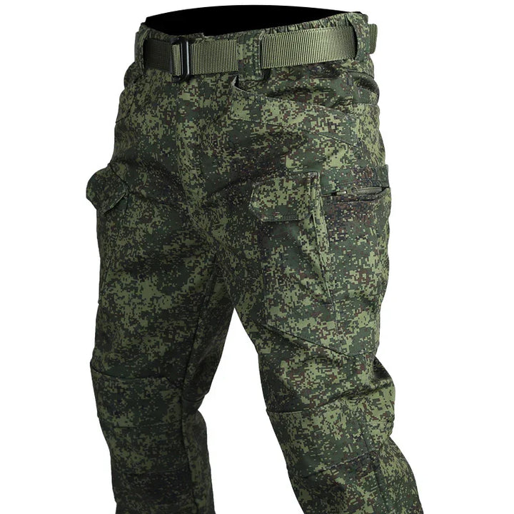 Digital camouflage tactical cargo pants with multiple pockets and an olive green belt
