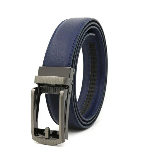 Navy blue leather belt with sleek silver metallic automatic buckle on white background
