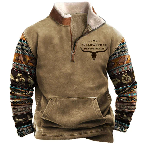Yellowstone Dutton Ranch fleece pullover with patterned buffalo and geometric print sleeves