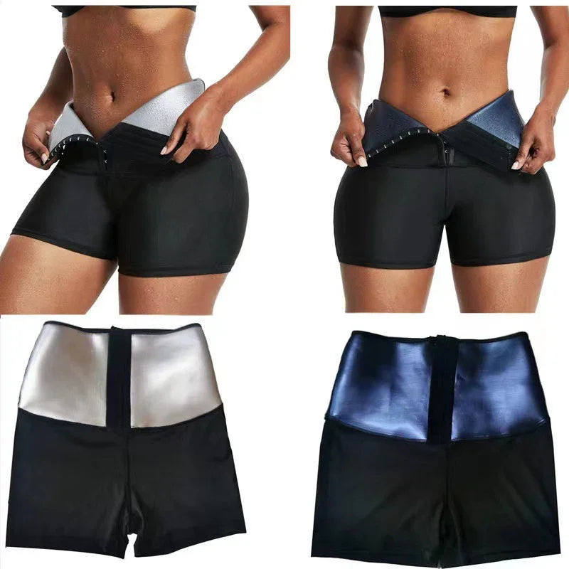 Black slimming shorts with removable silver and blue waist trimmers for waist shaping