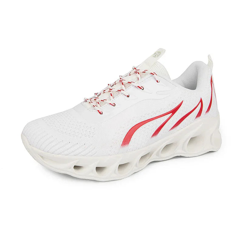 White athletic sneaker with red flame design and ventilated sole, breathable mesh upper