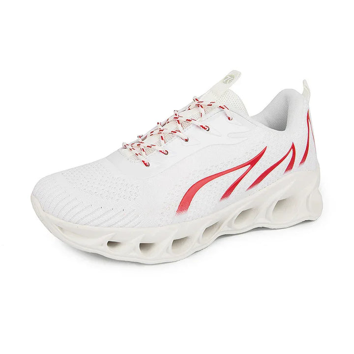 White athletic sneaker with red flame design and ventilated sole, breathable mesh upper