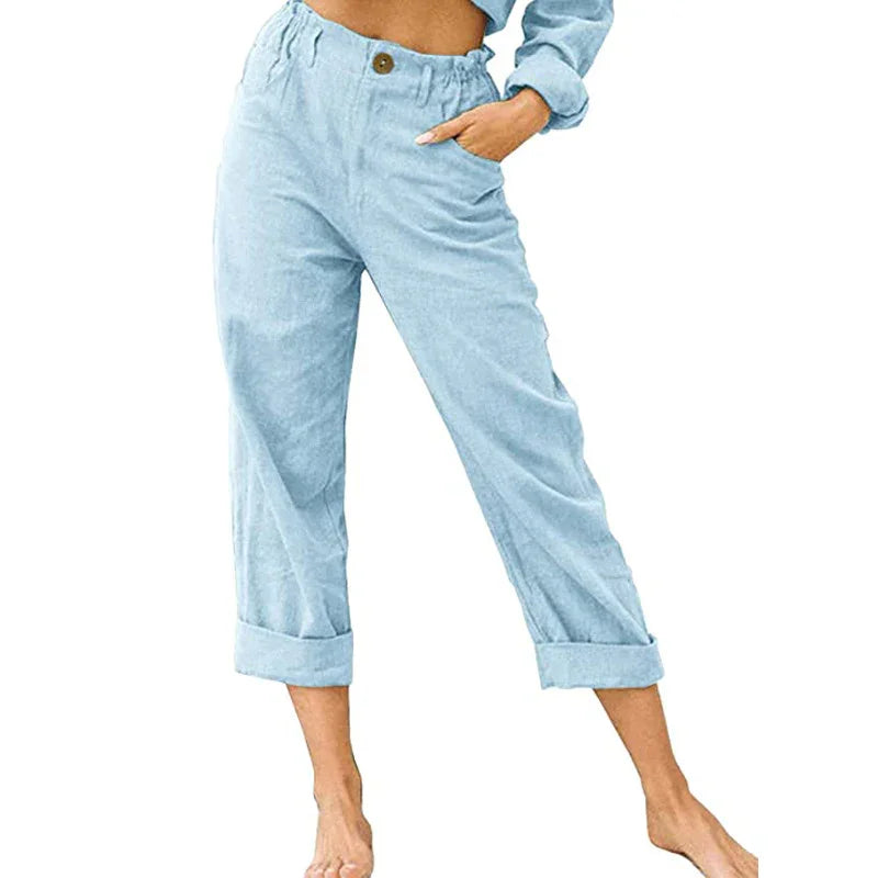 Light blue casual women's cropped pants with elastic waist and rolled cuffs