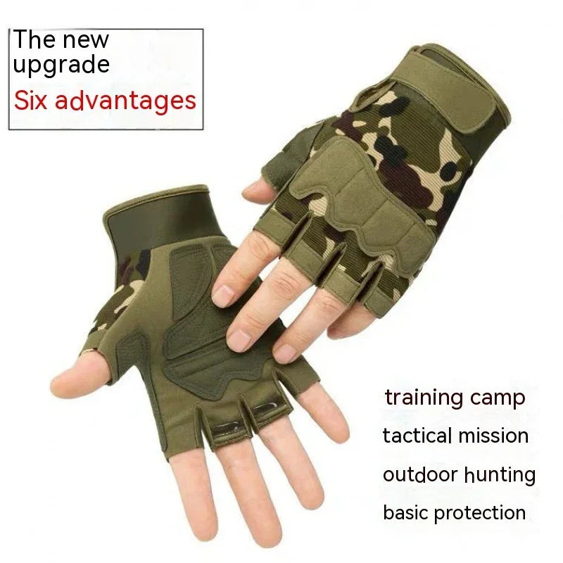 Camouflage half-finger tactical gloves shown on hands with text highlighting six advantages and uses for training, hunting, and protection