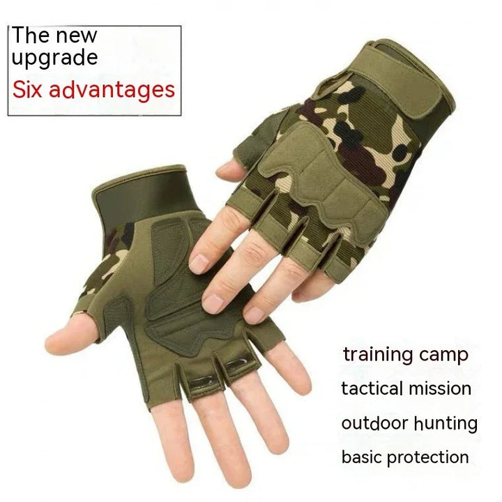 Camouflage half-finger tactical gloves shown on hands with text highlighting six advantages and uses for training, hunting, and protection
