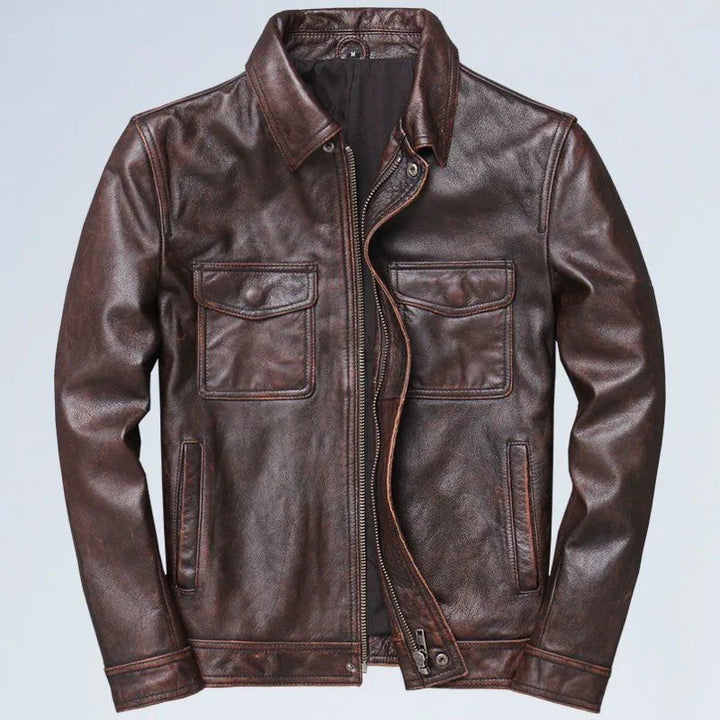 men's brown leather jacket with zipper front and button flap pockets on chest