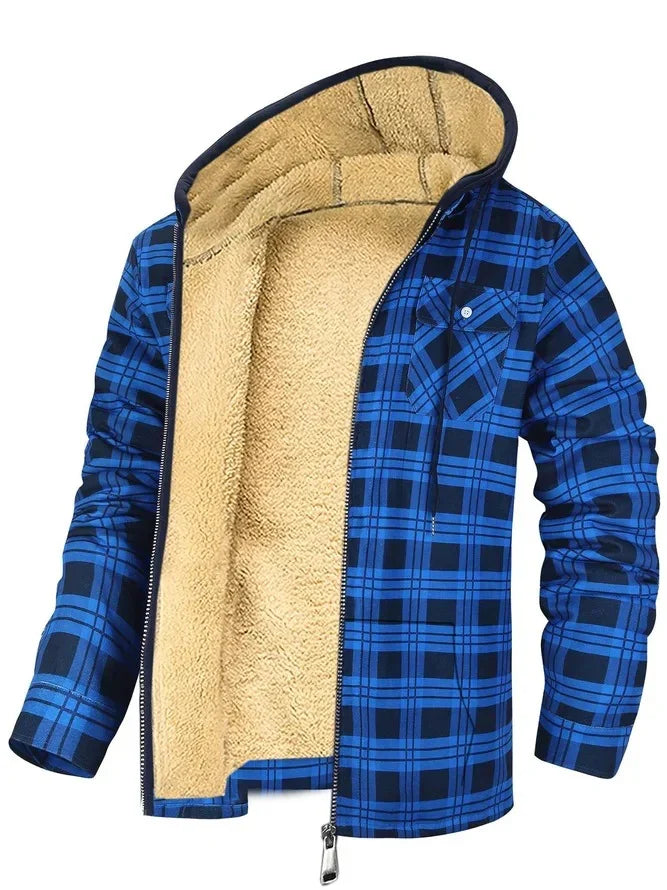 Blue and black plaid jacket with plush beige fleece lining and front zipper