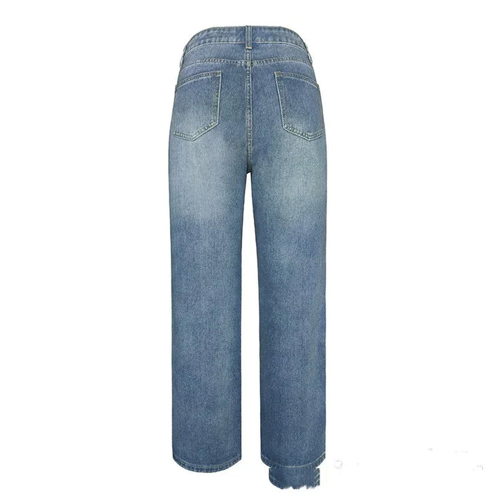 Back view of high-waisted wide-leg blue denim jeans with raw hem