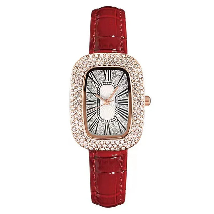Luxury women's watch with rectangular crystal-encrusted rose gold case and red leather strap