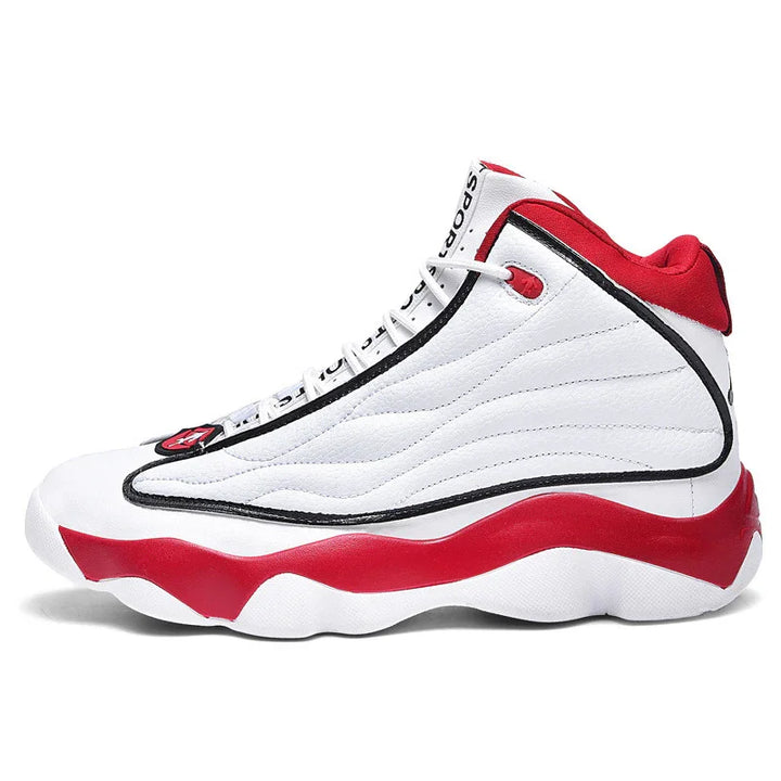 White and red high-top basketball sneaker with black trim and cushioned sole