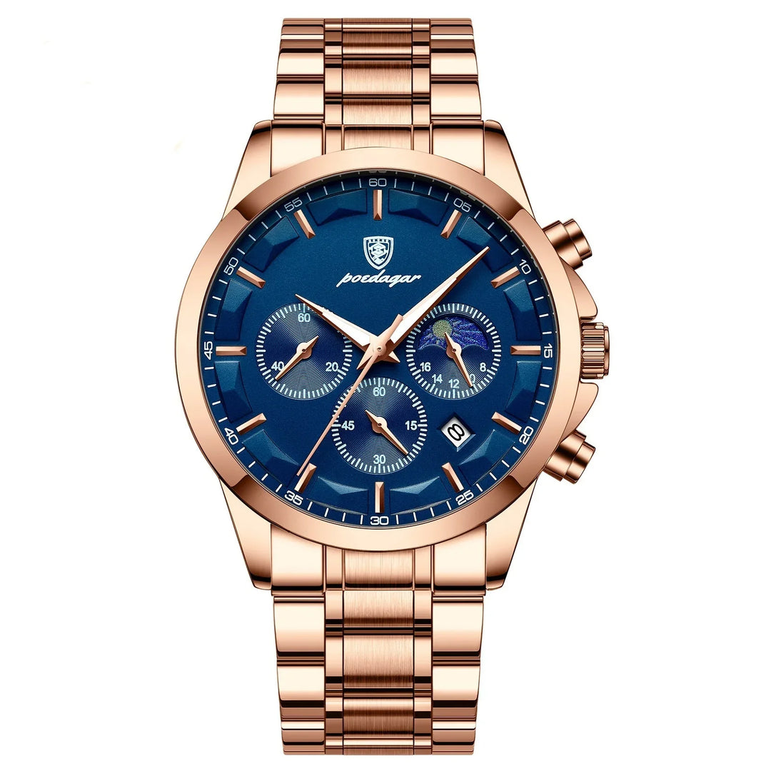 Men's rose gold wristwatch with blue dial, three subdials, date display, and metal link band