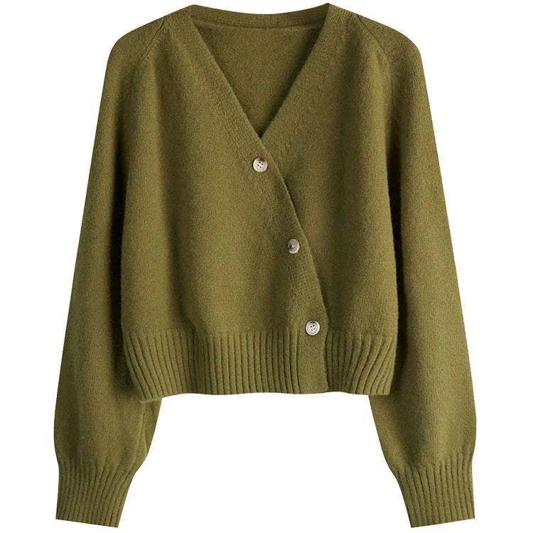 Olive green cropped knit cardigan with V-neck and three buttons on white background