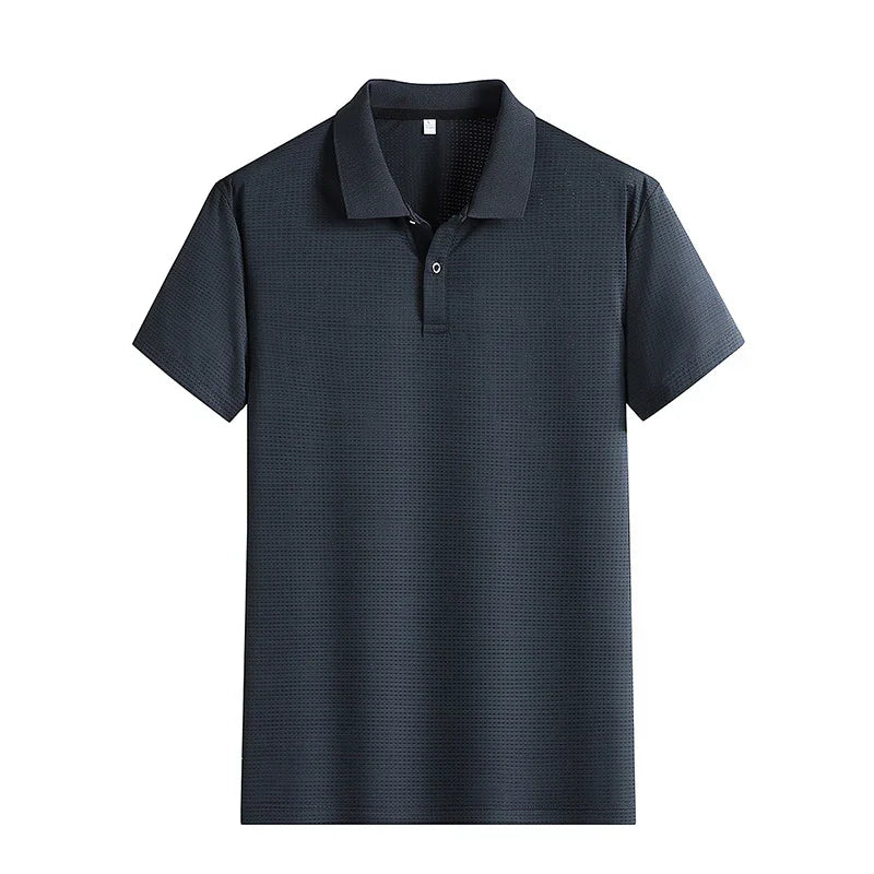 Black short-sleeve polo shirt with two-button placket and textured pattern on white background