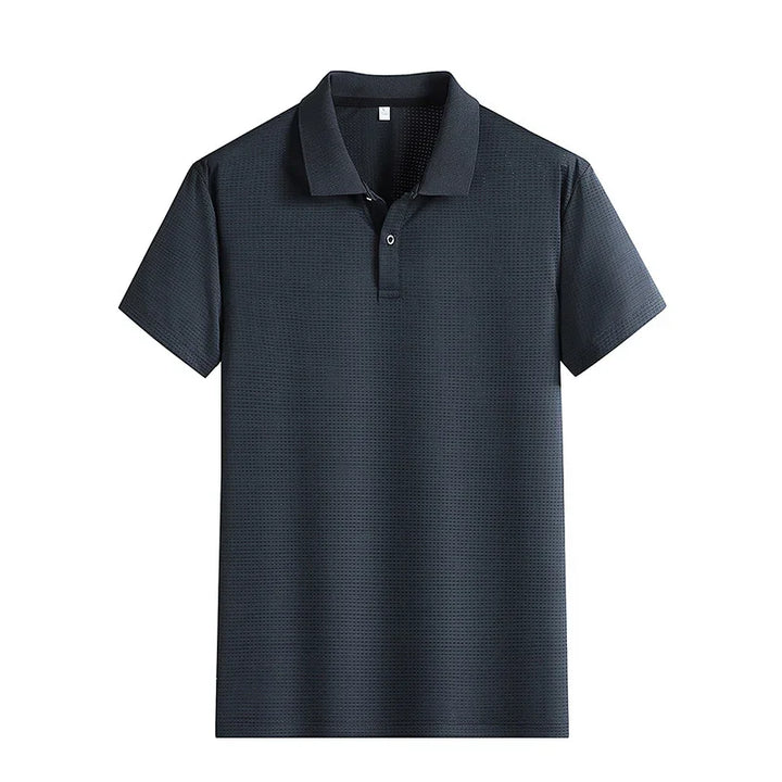 Black short-sleeve polo shirt with two-button placket and textured pattern on white background