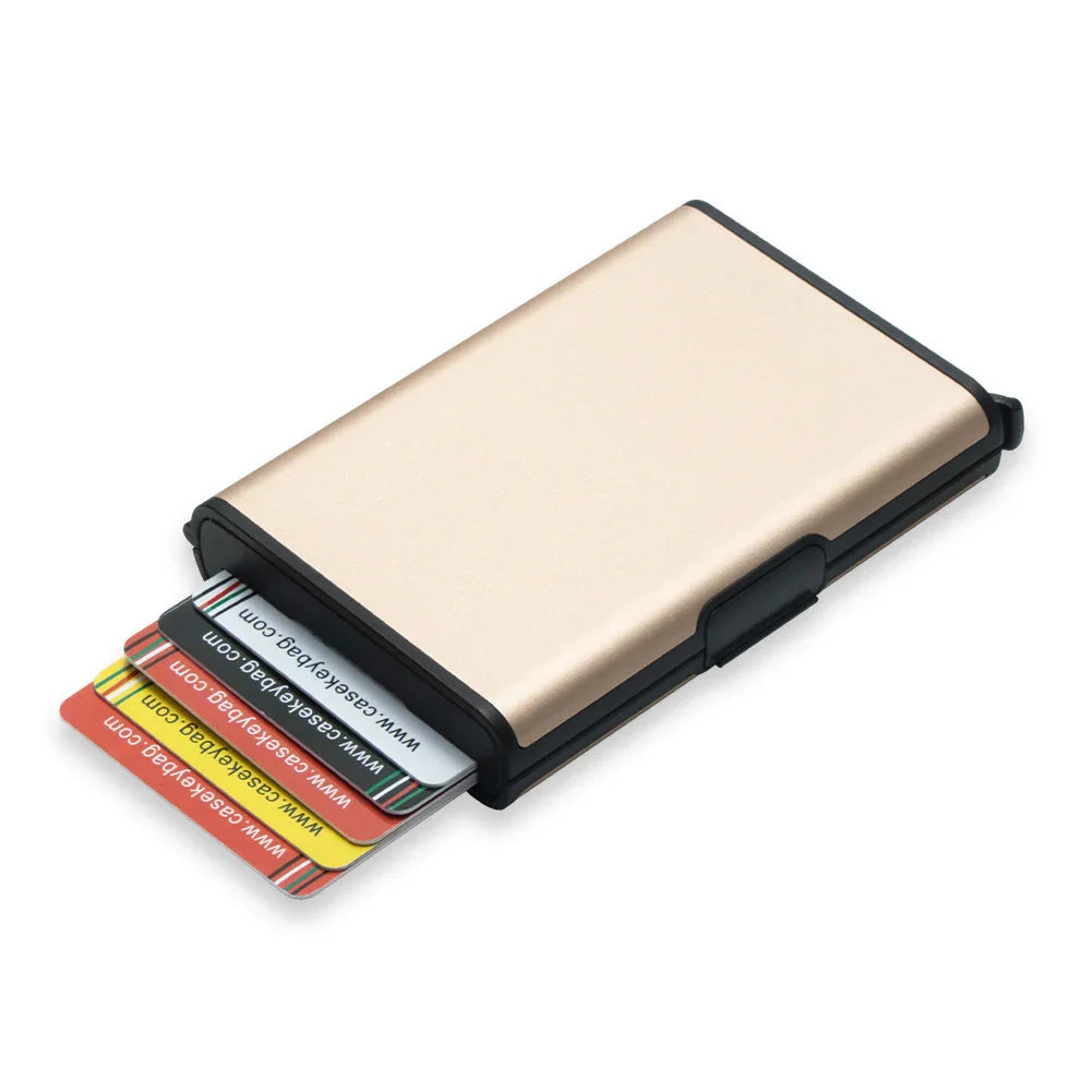 Slim metallic cardholder wallet with colorful cards partially extended on white background