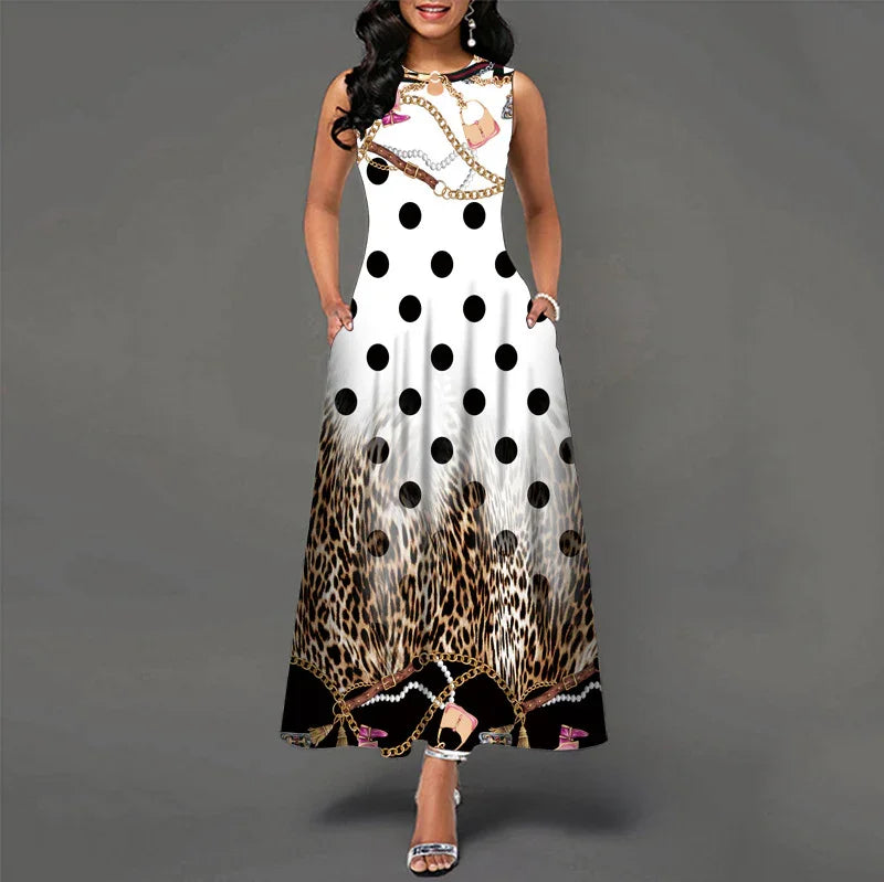 Woman wearing sleeveless maxi dress with black polka dots, leopard print, and chain pattern