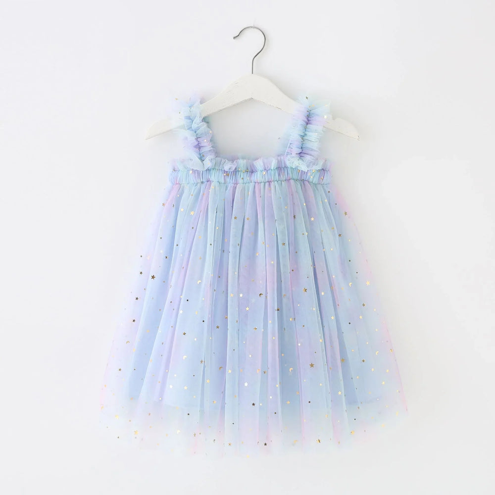 Light blue toddler dress with ruffled straps and gold starprint tulle hanging on white hanger