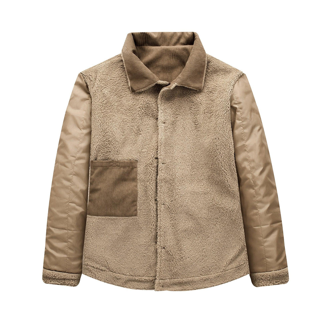Beige sherpa fleece jacket with corduroy collar and patch pocket, nylon sleeves, modern outerwear