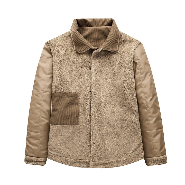 Beige sherpa fleece jacket with corduroy collar and patch pocket, nylon sleeves, modern outerwear