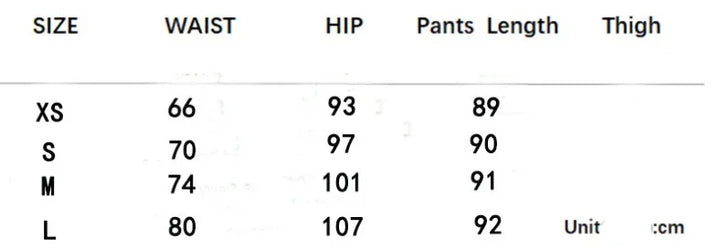 Size chart for pants showing waist, hip, length measurements in cm for sizes XS to L