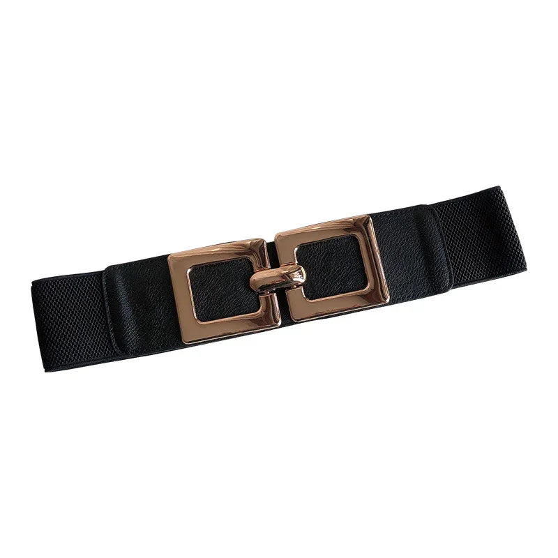 Black elastic waist belt with two large square gold metal buckle closures