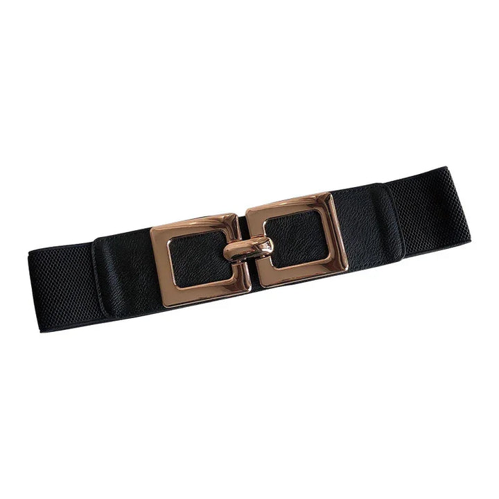 Black elastic waist belt with two large square gold metal buckle closures