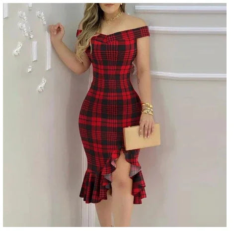 Woman wearing a red and black plaid off-shoulder fitted dress with ruffled hem and side slit, holding beige clutch