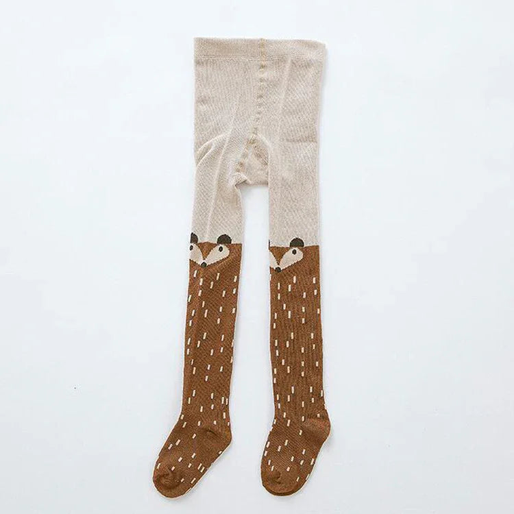 Beige and brown children's tights with cute bear faces and patterns on legs