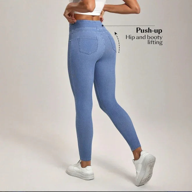 Rear view of woman wearing push-up blue denim leggings with hip and booty lifting effect