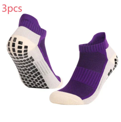 Pair of purple and white non-slip ankle socks with black grip dots on soles, 3 pieces