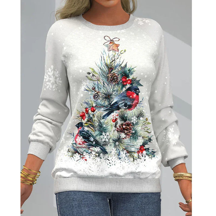 Light gray Christmas sweater with festive design of pine branches, red berries, pinecones, and two bullfinch birds