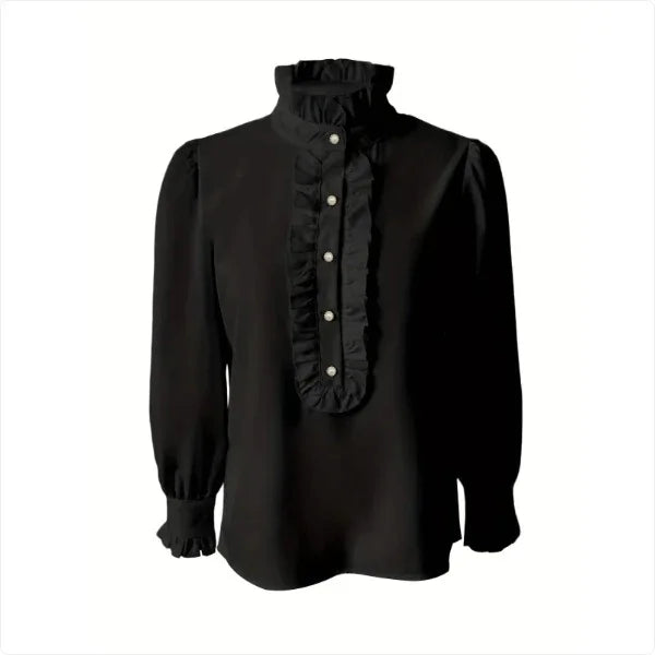 Black long-sleeve blouse with high ruffled collar and front ruffle detail with pearl buttons