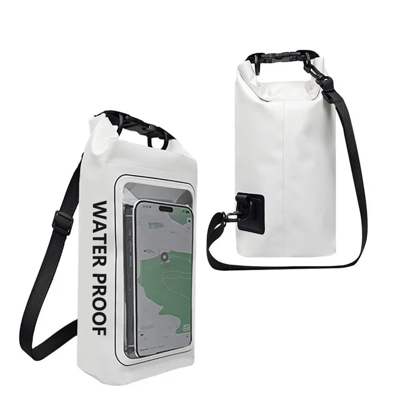 White waterproof dry bag with phone holder and adjustable shoulder strap