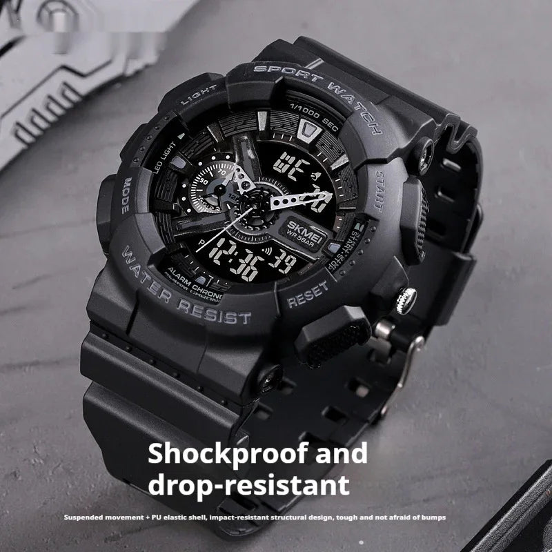 Black SKMEI sport watch with digital and analog display, shockproof and water-resistant design