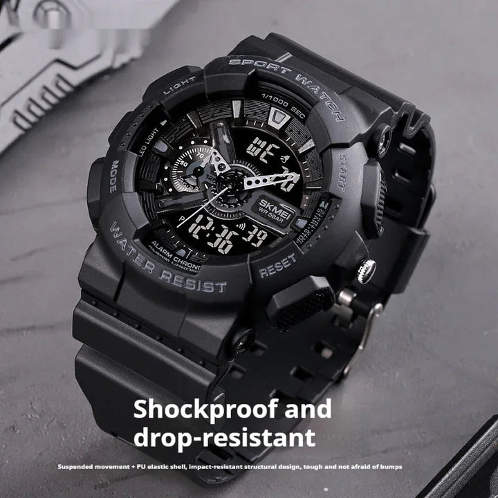 Black SKMEI sport watch with digital and analog display, shockproof and water-resistant design