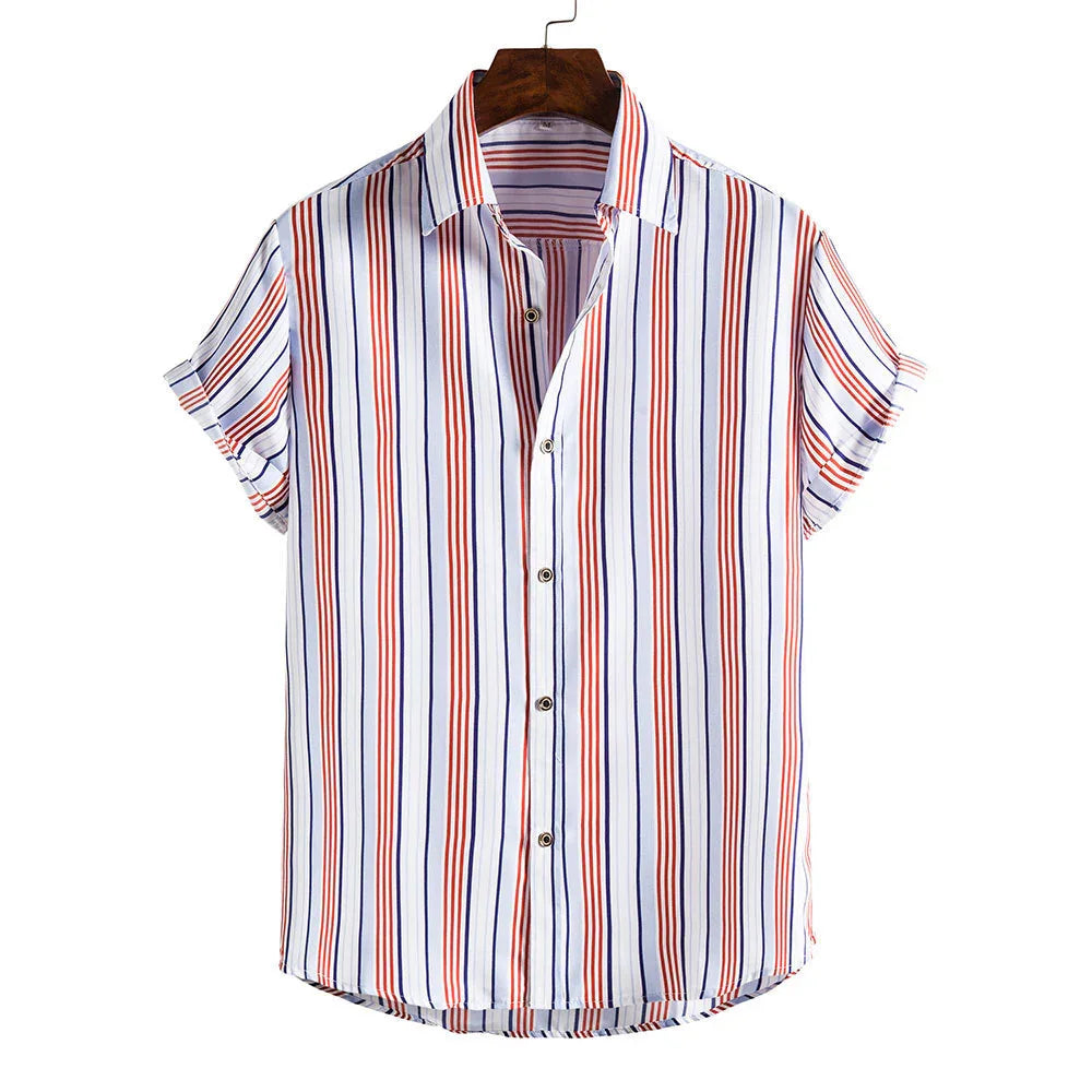 Short-sleeve button-up shirt with vertical red and navy blue stripes on white fabric
