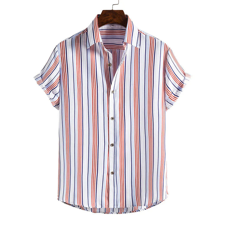 Short-sleeve button-up shirt with vertical red and navy blue stripes on white fabric