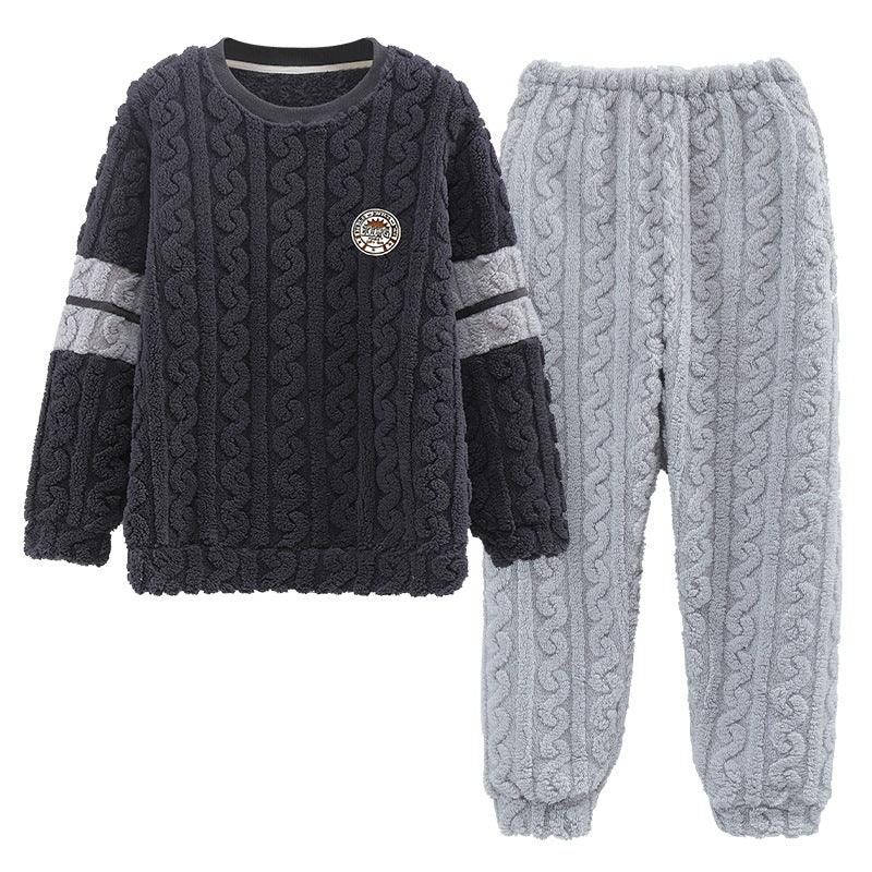 Two-piece kids fleece loungewear set with navy sweater and light grey pants featuring cable knit texture
