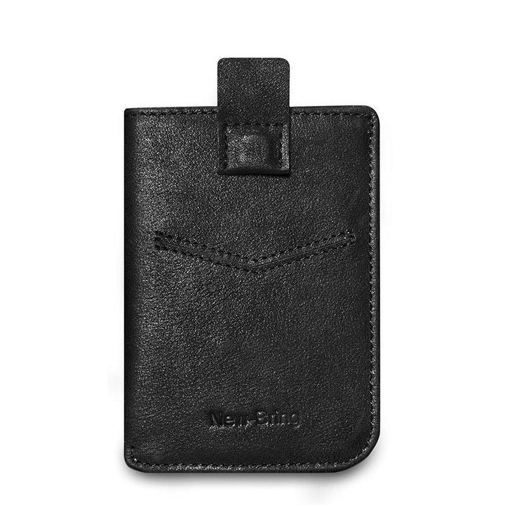black leather minimalist card wallet with pull tab and embossed New.Bring logo