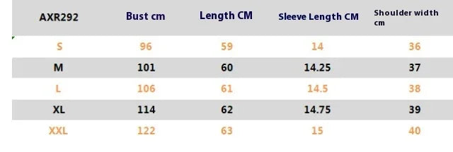 Size chart table for AXR292 showing bust, length, sleeve length, and shoulder width in cm for sizes S to XXL.