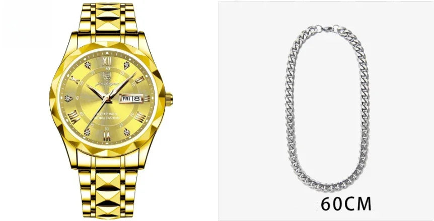 Gold men's wristwatch with date display and diamond accents and a 60cm silver chain necklace