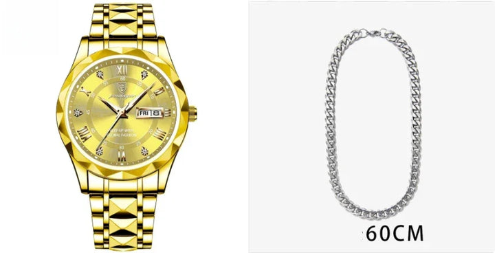 Gold men's wristwatch with date display and diamond accents and a 60cm silver chain necklace