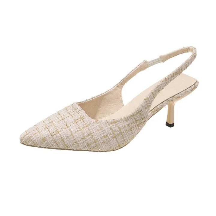 Beige tweed pointed-toe slingback kitten heel shoe with low heel and delicate texture