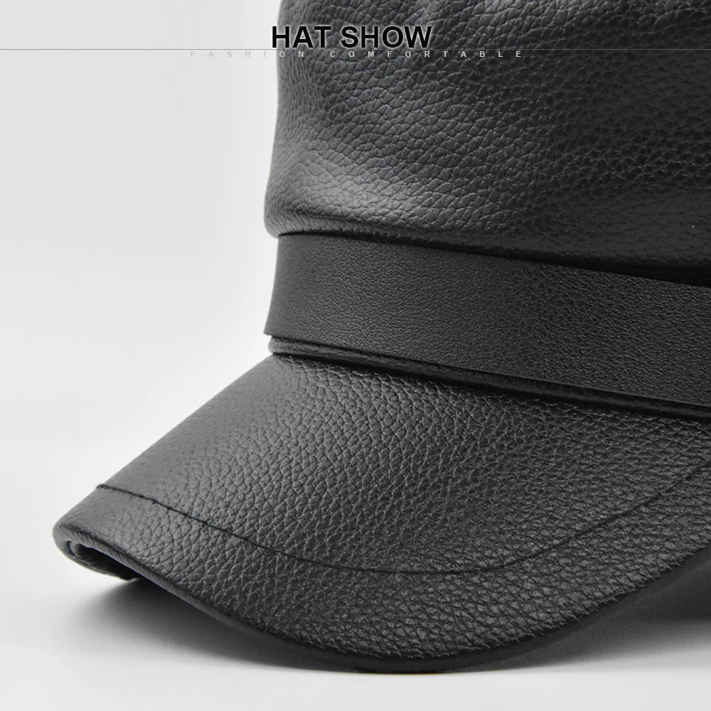 Close-up of black textured leather hat with a smooth band and curved brim