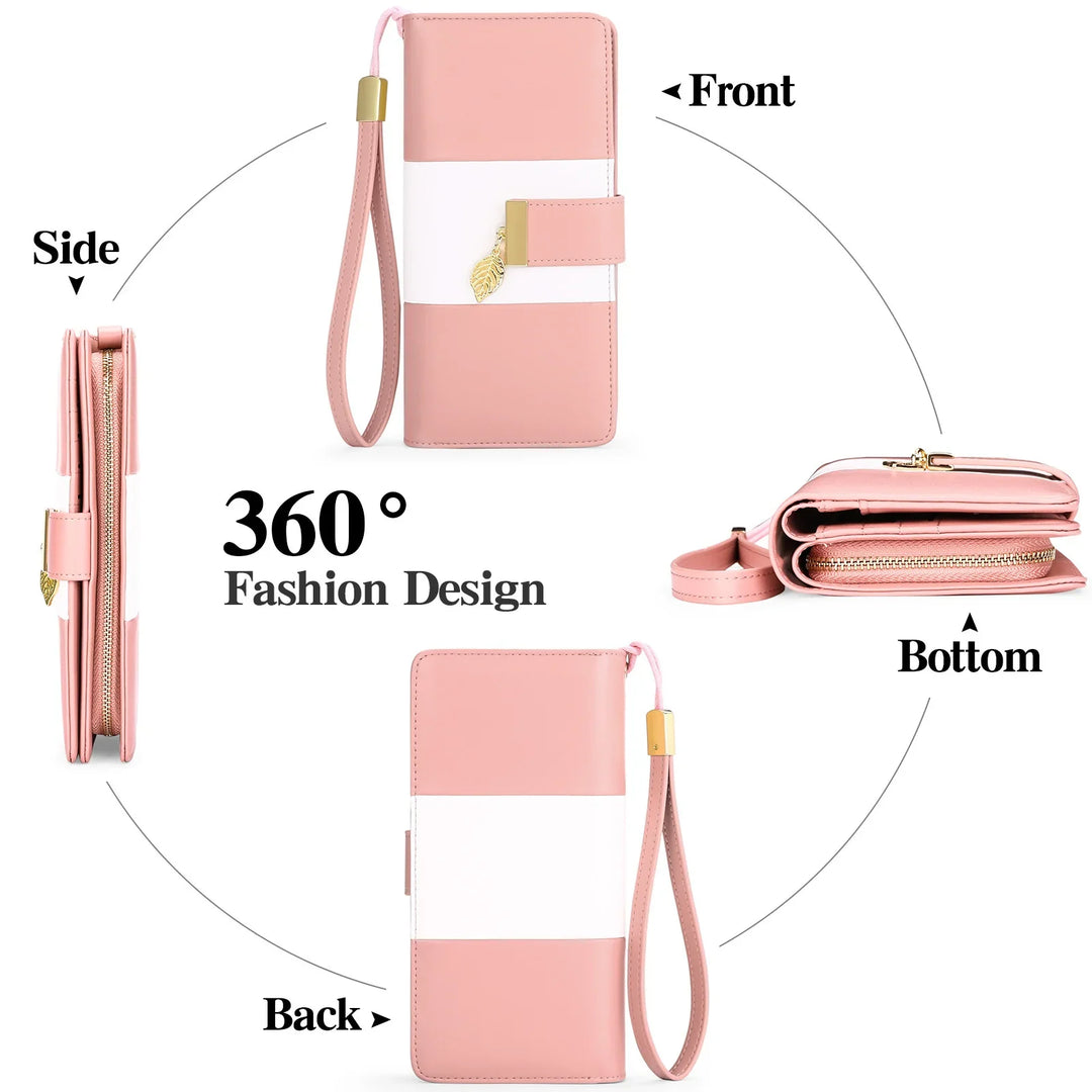 360° view of pink and white women's wristlet wallet with gold leaf charm and zipper