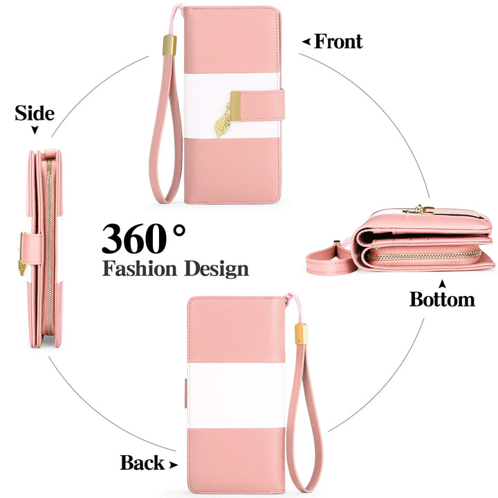 360° view of pink and white women's wristlet wallet with gold leaf charm and zipper