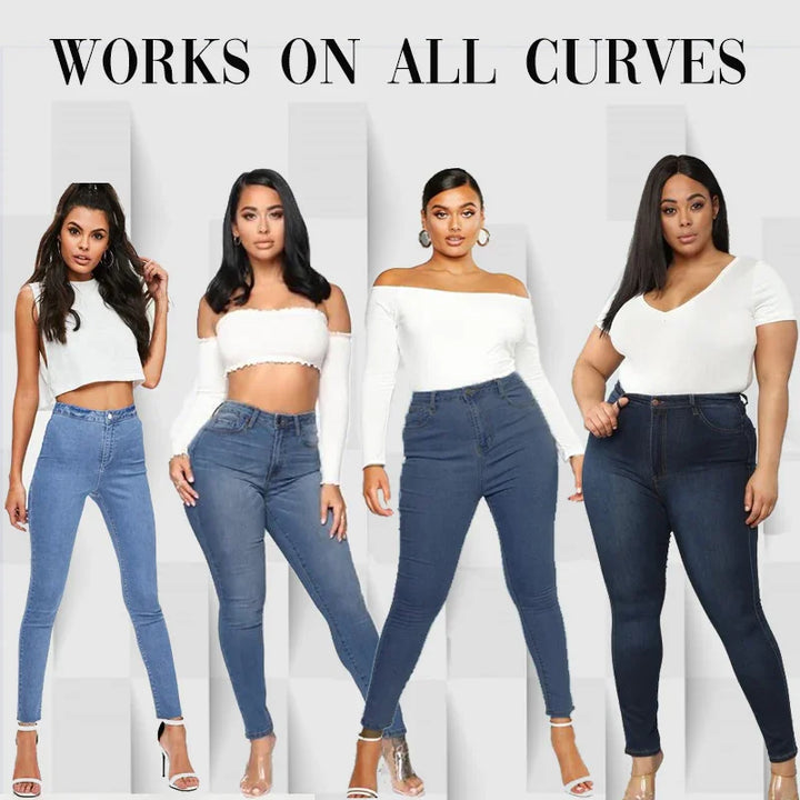 Diverse women wearing high-waisted blue jeans and white tops showcasing curvy fashion