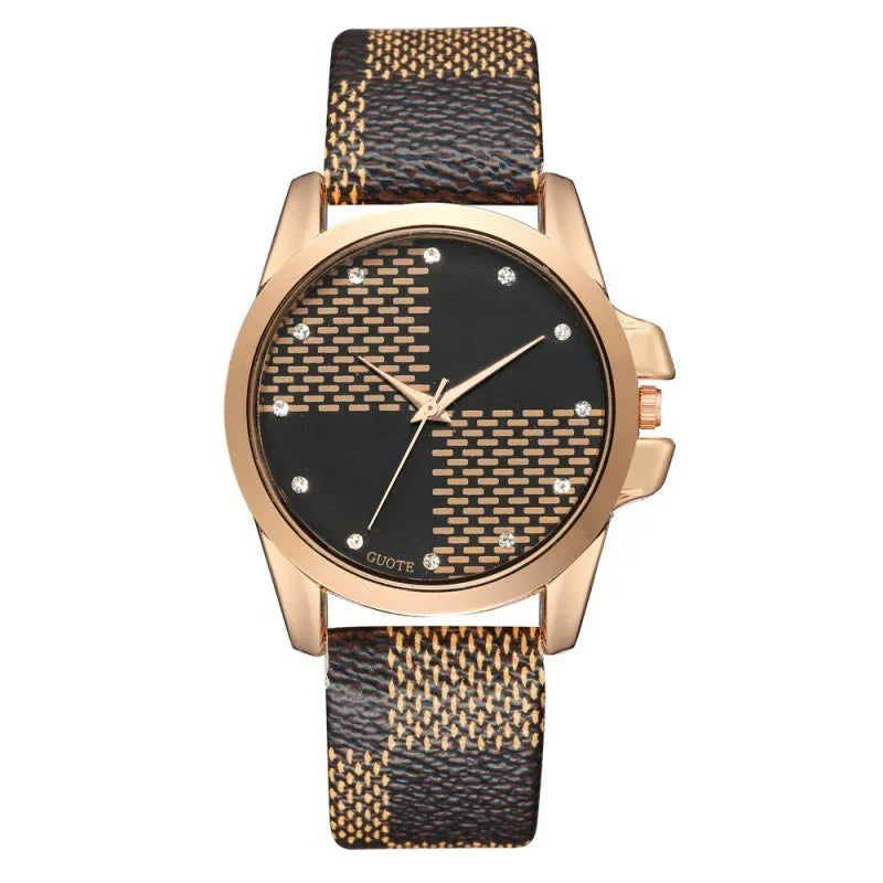 Elegant wristwatch with black and gold checkered dial, crystal hour markers, and matching leather strap